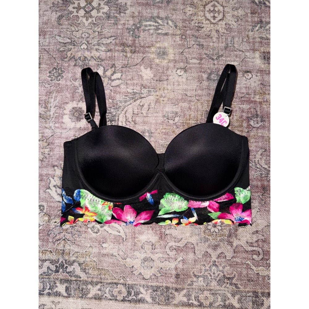 Victoria's Secret PINK Bustier Bra Black Floral Lace Longline 34C NWT 11001332